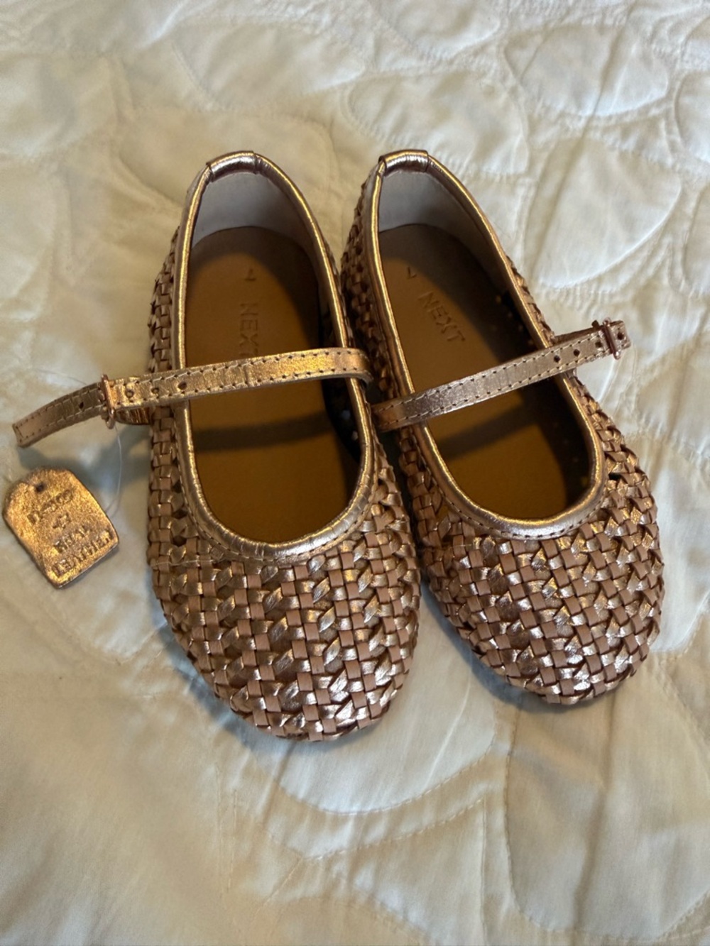 next Metallic Rose Gold Mary Jane Woven Flats